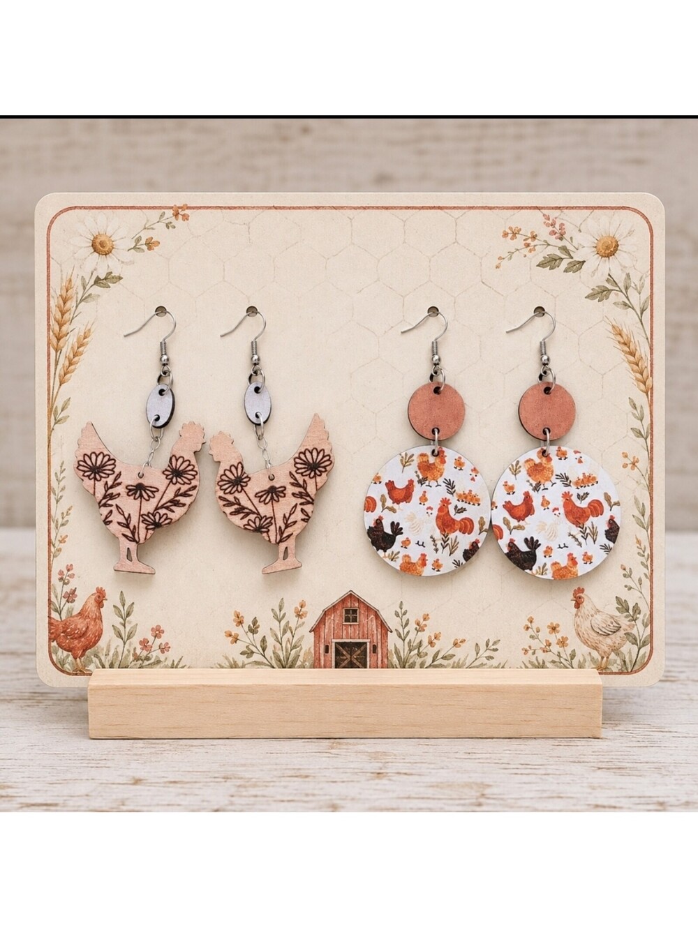 Farmhouse Chicken Earrings Wood Laser Cut Hypoallergenic Dangle Drop Earrings